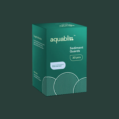 A teal-green product box for aquabli Sediment Guards, containing 30 pieces, shown on a solid dark green background.