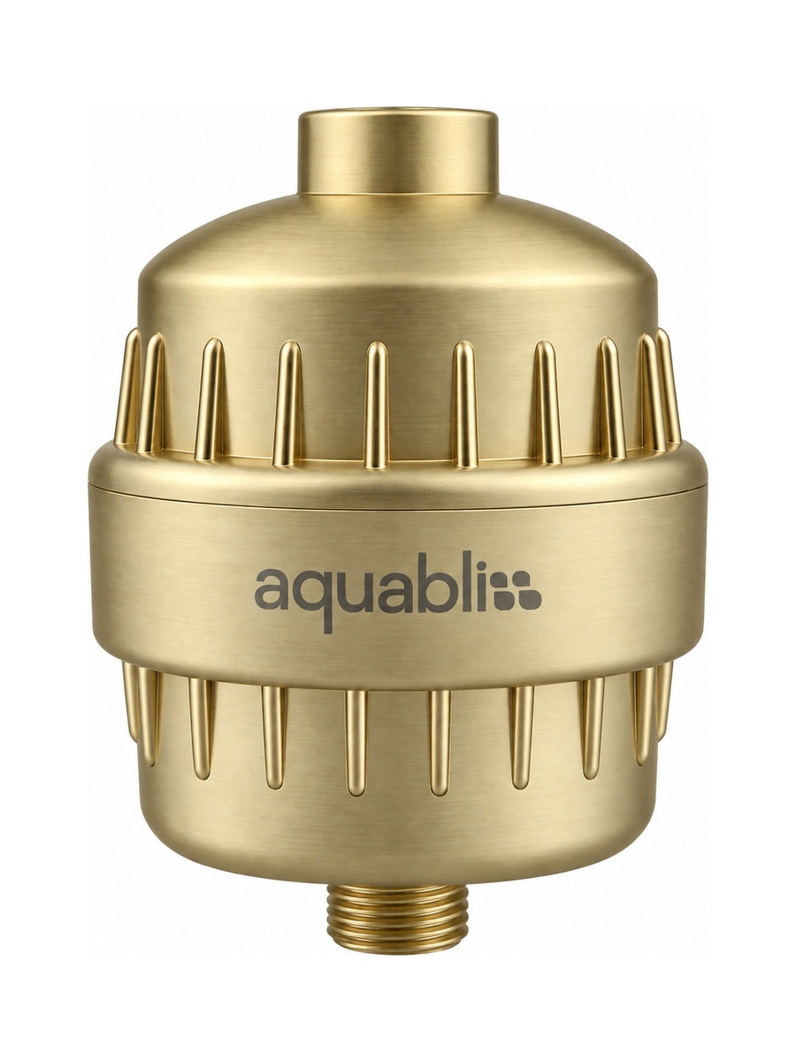 SF100 Matte Gold shower filter with Aquabliss branding on a white background