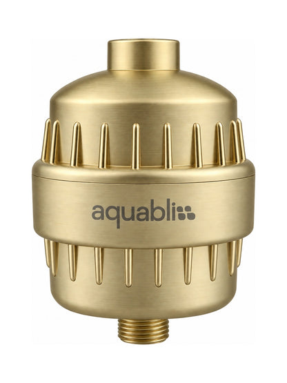 SF100 Matte Gold shower filter with Aquabliss branding on a white background