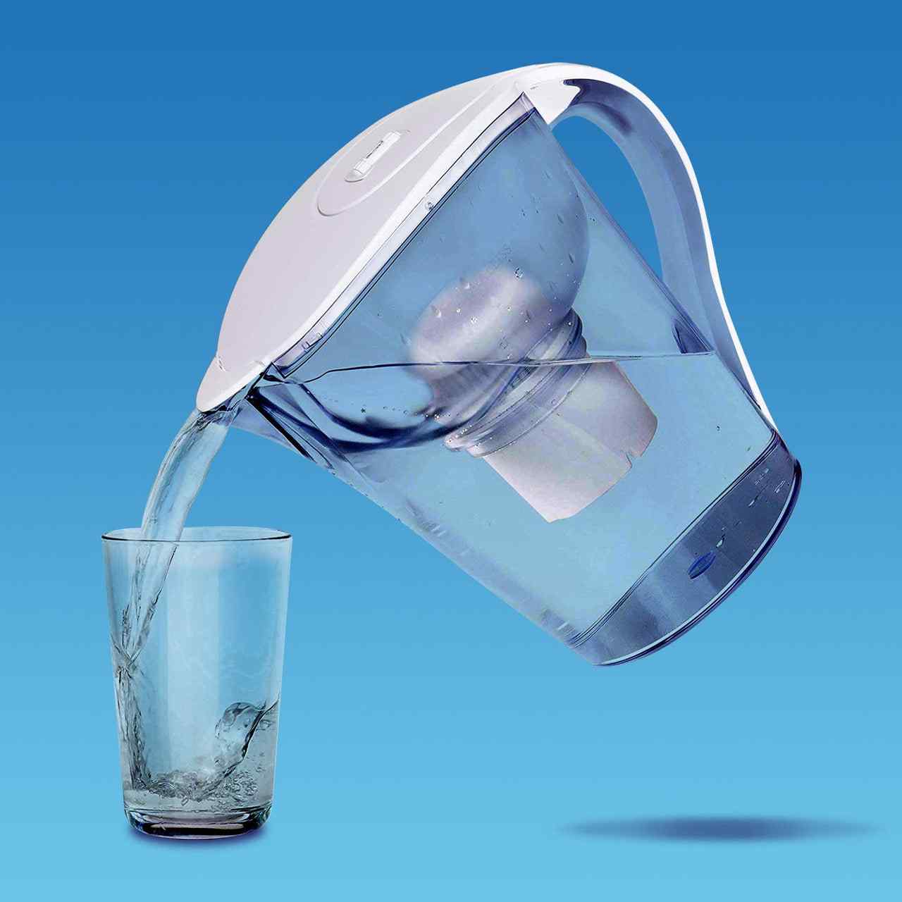 AquaBliss 10-Cup Water Filter Pitcher - White (FWP1) pouring water to the glass